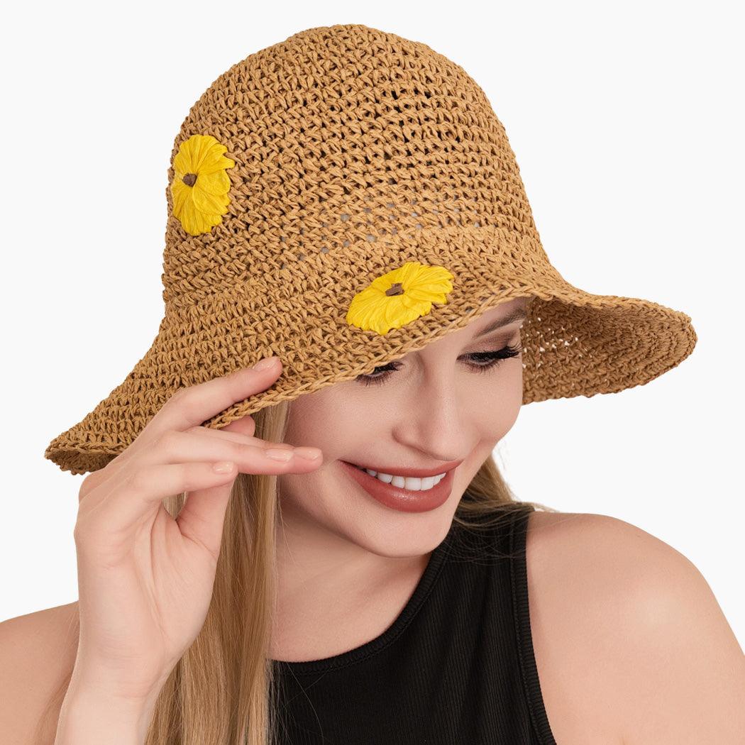 Flower Accent Straw Bucket Hat - Rosmarray Collections, LLC.