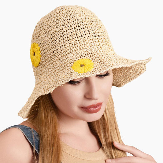 Flower Accent Straw Bucket Hat - Rosmarray Collections, LLC.