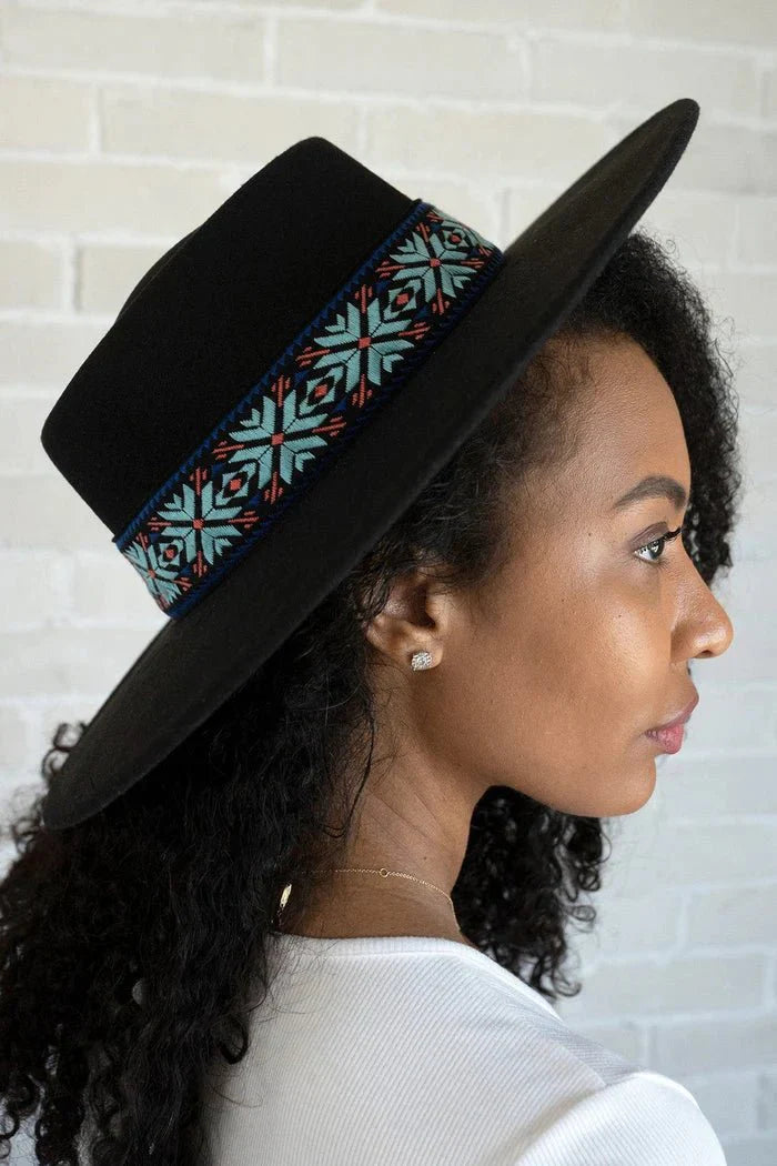 Mirta Aztec Trim Wide Brim Fedora - Rosmarray Collections, LLC.