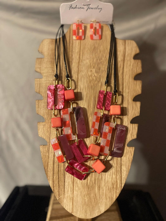 Pink Party Checkered Necklace Set - Rosmarray Collections, LLC.