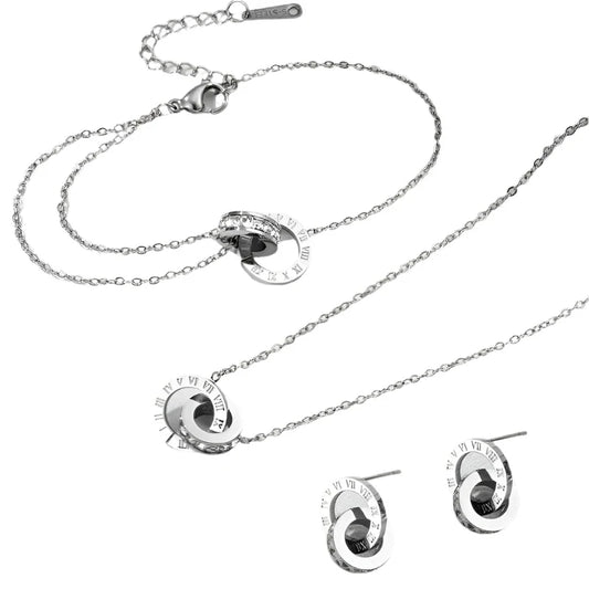 Stainless Steel Silver Inlaid Roman Numeral Necklace/Earrings/Bracelet Set - Rosmarray Collections, LLC.