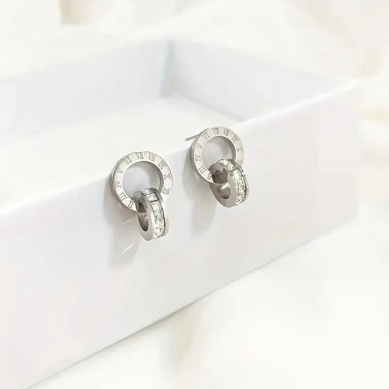 Stainless Steel Silver Inlaid Roman Numeral Necklace/Earrings/Bracelet Set - Rosmarray Collections, LLC.